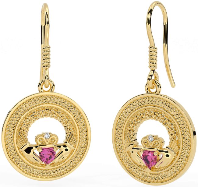 Pink Tourmaline Gold Celtic Claddagh Trinity Knot Dangle Earrings