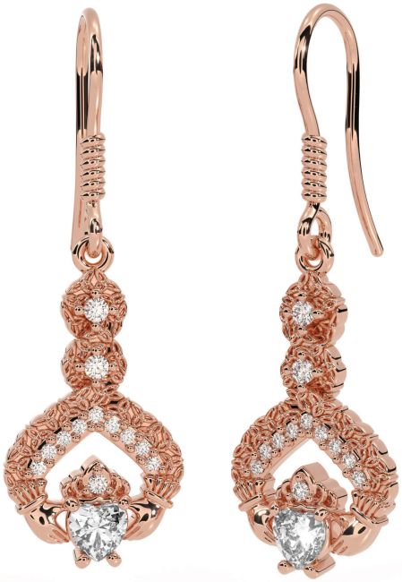 Diamond Rose Gold Silver Claddagh Celtic Trinity Knot Dangle Earrings