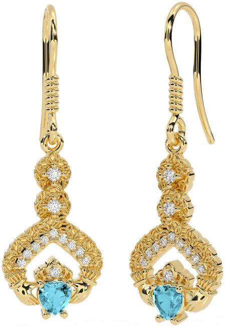 Diamond Aquamarine Gold Silver Claddagh Celtic Trinity Knot Dangle Earrings