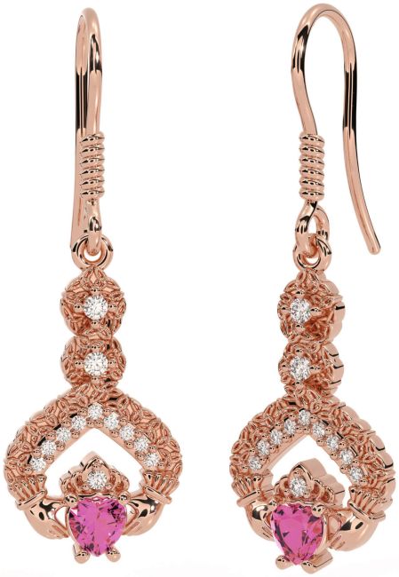 Diamond Pink Tourmaline Rose Gold Claddagh Celtic Trinity Knot Dangle Earrings