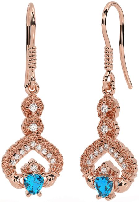Diamond Topaz Rose Gold Claddagh Celtic Trinity Knot Dangle Earrings