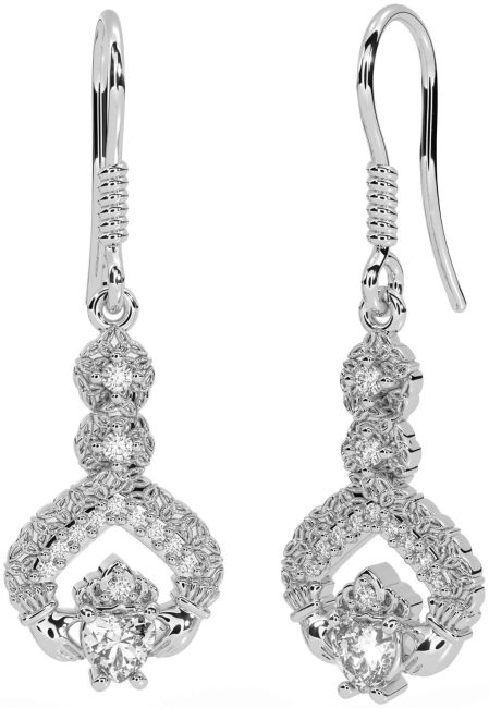 Diamond White Gold Claddagh Celtic Trinity Knot Dangle Earrings