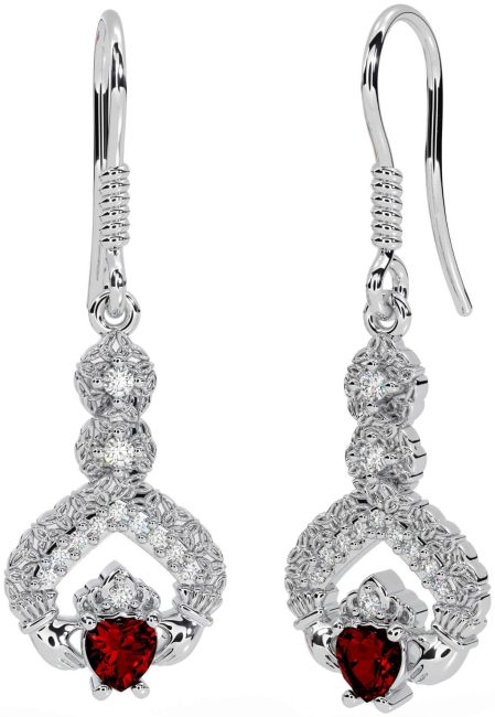 Diamante Granate Blanco Oro Claddagh céltico Trinidad Nudo Colgar Pendientes