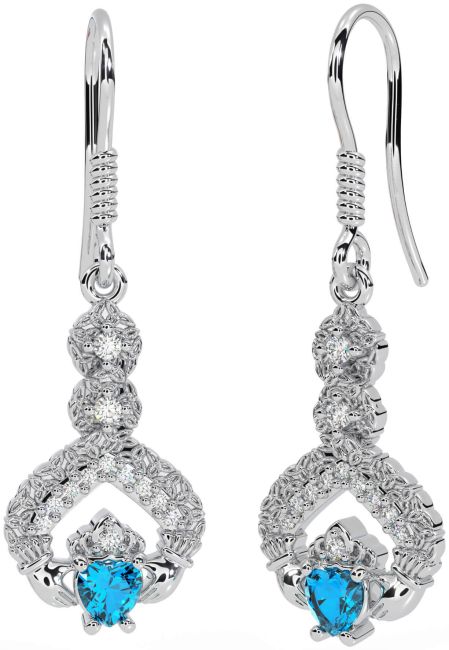 Diamante Topacio Blanco Oro Claddagh céltico Trinidad Nudo Colgar Pendientes