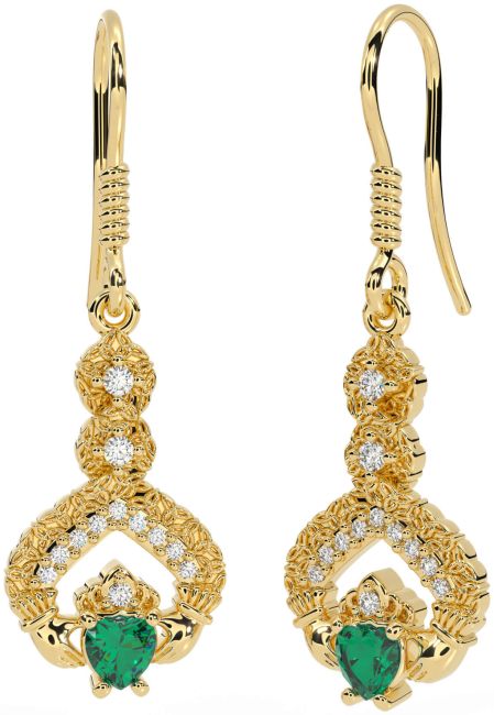 Diamond Emerald Gold Claddagh Celtic Trinity Knot Dangle Earrings