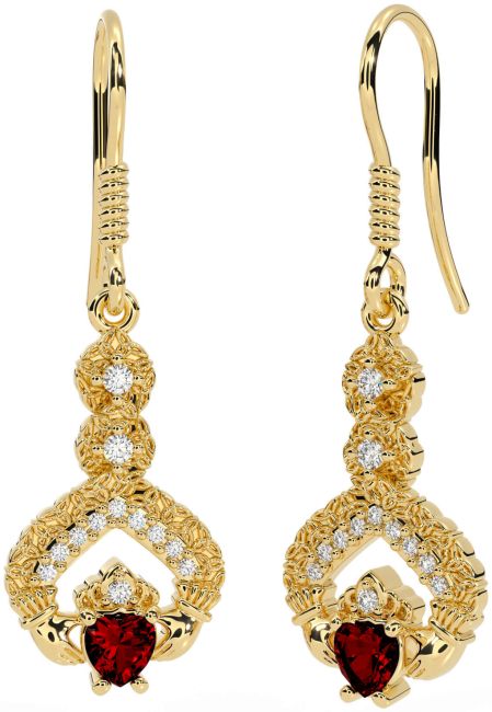 Diamante Granate Oro Claddagh céltico Trinidad Nudo Colgar Pendientes