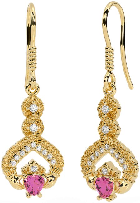 Diamond Pink Tourmaline Gold Claddagh Celtic Trinity Knot Dangle Earrings