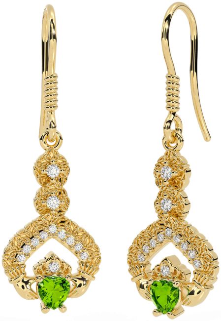 Diamante Peridoto Oro Claddagh céltico Trinidad Nudo Colgar Pendientes