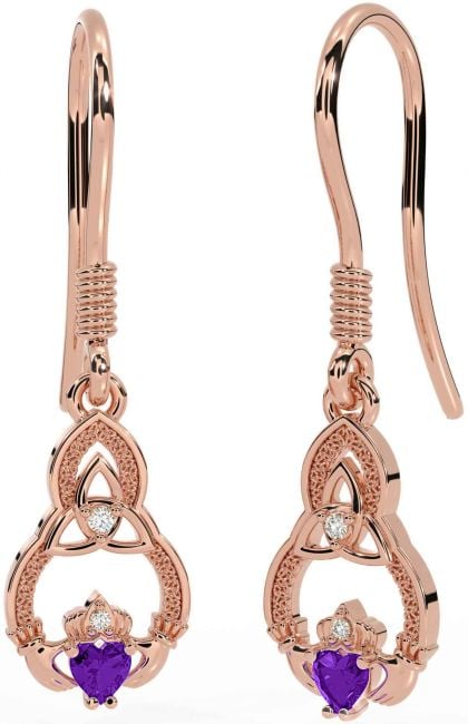 Diamond Amethyst Rose Gold Silver Claddagh Celtic Trinity Knot Dangle Earrings