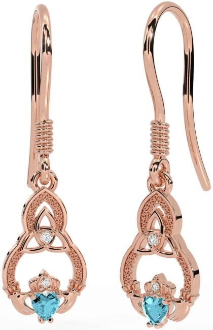 Diamond Aquamarine Rose Gold Silver Claddagh Celtic Trinity Knot Dangle Earrings
