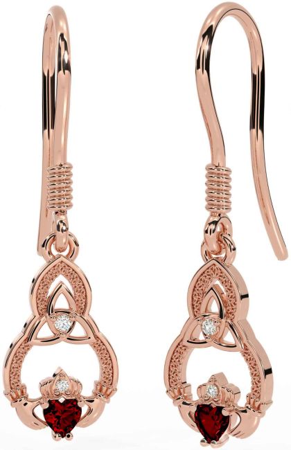 Diamond Garnet Rose Gold Silver Claddagh Celtic Trinity Knot Dangle Earrings