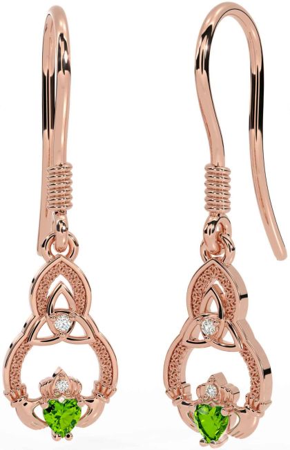 Diamond Peridot Rose Gold Silver Claddagh Celtic Trinity Knot Dangle Earrings