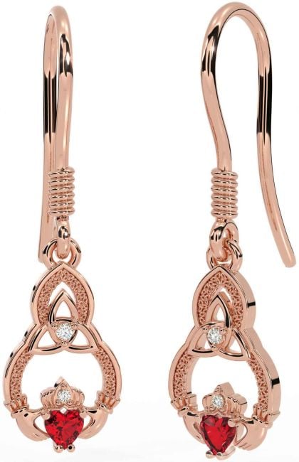 Diamond Ruby Rose Gold Silver Claddagh Celtic Trinity Knot Dangle Earrings