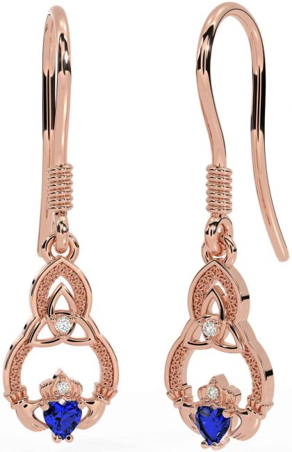 Diamond Sapphire Rose Gold Silver Claddagh Celtic Trinity Knot Dangle Earrings