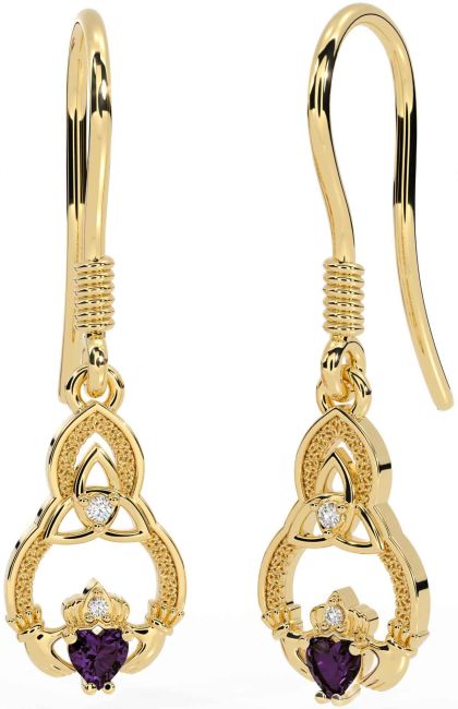 Diamond Alexandrite Gold Silver Claddagh Celtic Trinity Knot Dangle Earrings