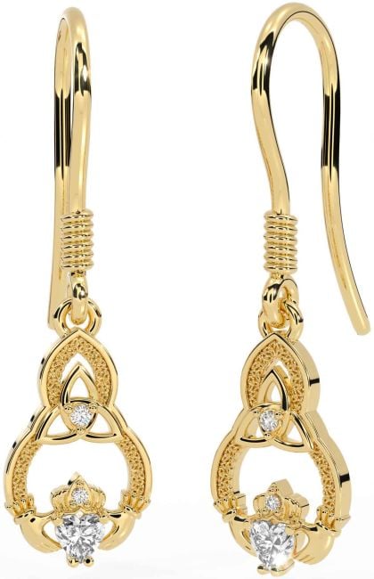 Diamond Gold Silver Claddagh Celtic Trinity Knot Dangle Earrings