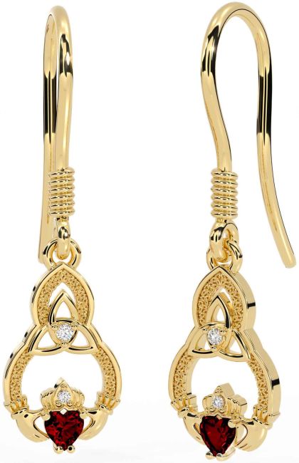 Diamond Garnet Gold Silver Claddagh Celtic Trinity Knot Dangle Earrings