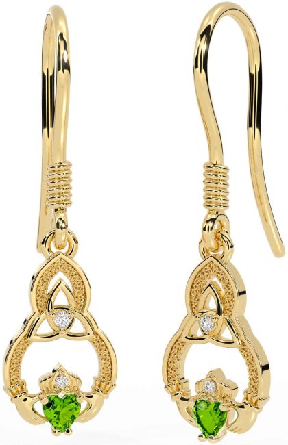 Diamond Peridot Gold Silver Claddagh Celtic Trinity Knot Dangle Earrings