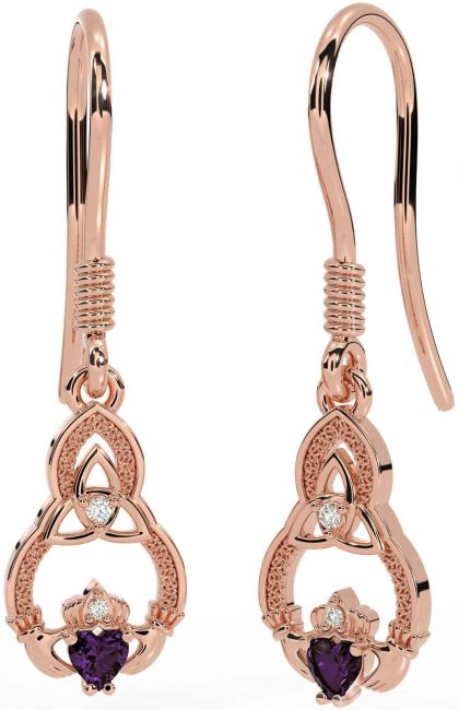 Diamond Alexandrite Rose Gold Claddagh Celtic Trinity Knot Dangle Earrings