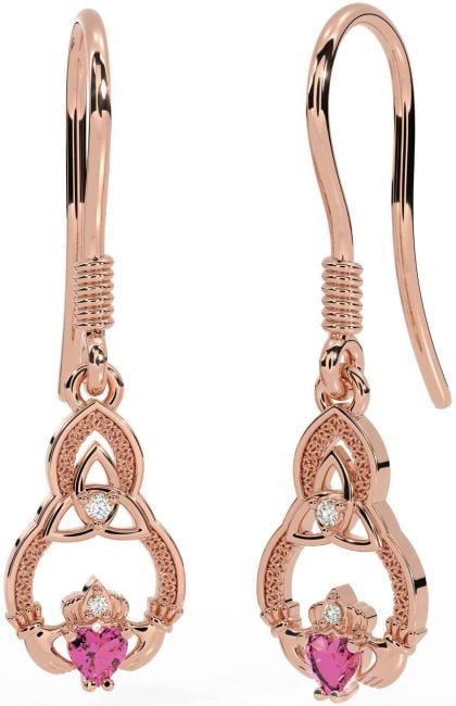 Diamante Rosa turmalina Rosa Oro Claddagh céltico Trinidad Nudo Colgar Pendientes