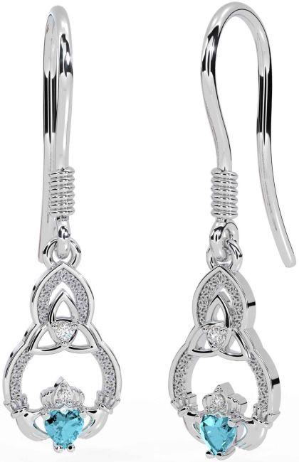 Diamond Aquamarine Silver Claddagh Celtic Trinity Knot Dangle Earrings