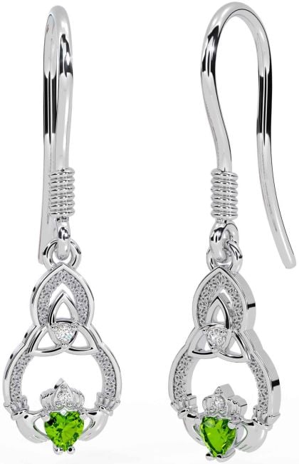 Diamond Peridot Silver Claddagh Celtic Trinity Knot Dangle Earrings