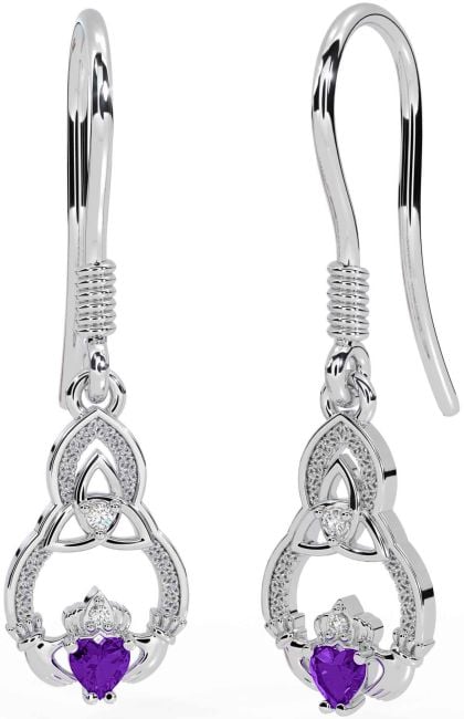 Diamond Amethyst White Gold Claddagh Celtic Trinity Knot Dangle Earrings