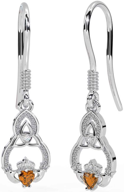 Diamond Citrine White Gold Claddagh Celtic Trinity Knot Dangle Earrings