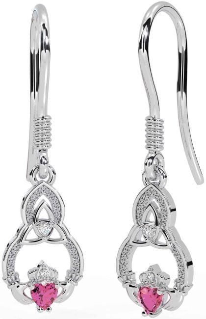 Diamond Pink Tourmaline White Gold Claddagh Celtic Trinity Knot Dangle Earrings