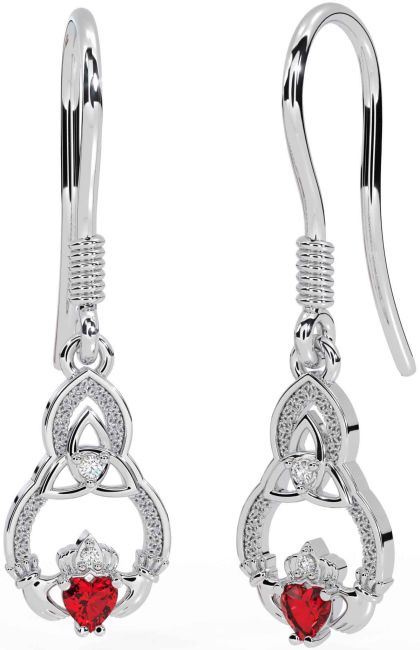 Diamant Rubis Blanc Or Claddagh celtique Trinité Noeud Pendre Des boucles d'oreilles