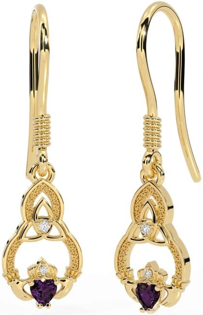 Diamond Alexandrite Gold Claddagh Celtic Trinity Knot Dangle Earrings