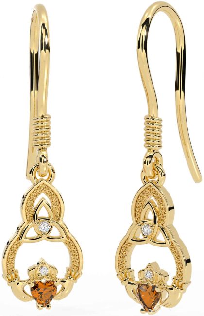 Diamond Citrine Gold Claddagh Celtic Trinity Knot Dangle Earrings