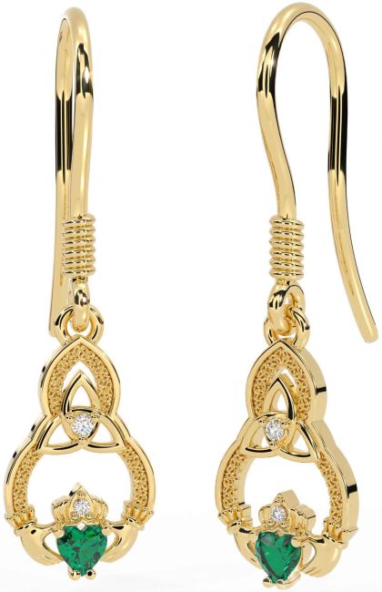 Diamond Emerald Gold Claddagh Celtic Trinity Knot Dangle Earrings