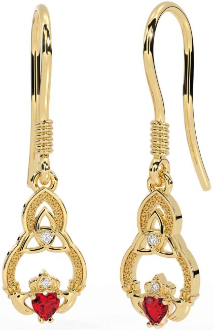 Diamond Ruby Gold Claddagh Celtic Trinity Knot Dangle Earrings