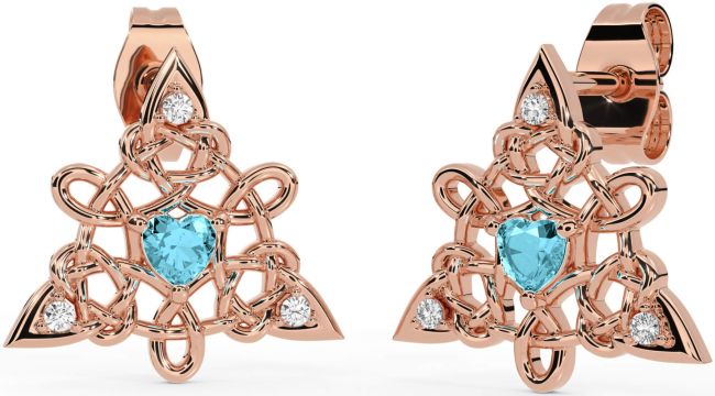 Diamond Aquamarine Rose Gold Silver Celtic Trinity Knot Stud Earrings