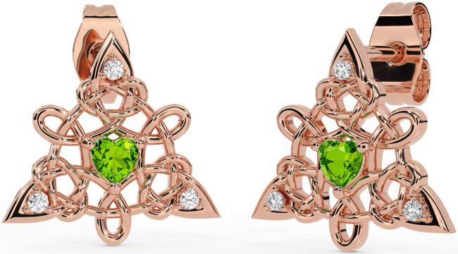 Diamond Peridot Rose Gold Silver Celtic Trinity Knot Stud Earrings