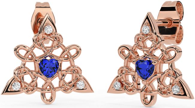 Diamond Sapphire Rose Gold Silver Celtic Trinity Knot Stud Earrings