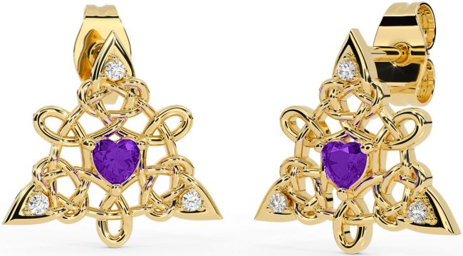 Diamond Amethyst Gold Silver Celtic Trinity Knot Stud Earrings