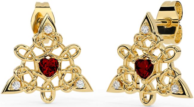 Diamond Garnet Gold Silver Celtic Trinity Knot Stud Earrings