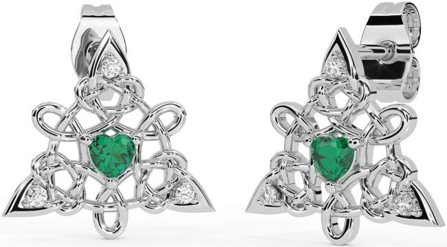 Diamond Emerald Silver Celtic Trinity Knot Stud Earrings