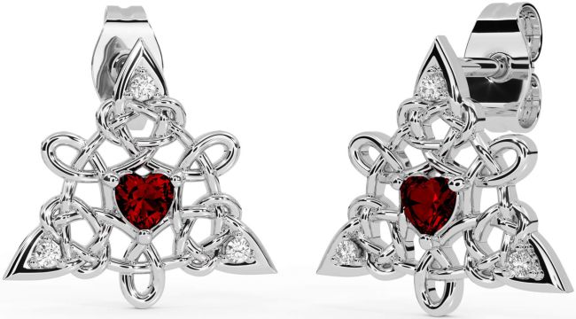 Diamond Garnet Silver Celtic Trinity Knot Stud Earrings