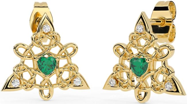 Diamond Emerald Gold Celtic Trinity Knot Stud Earrings