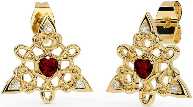 Diamond Garnet Gold Celtic Trinity Knot Stud Earrings