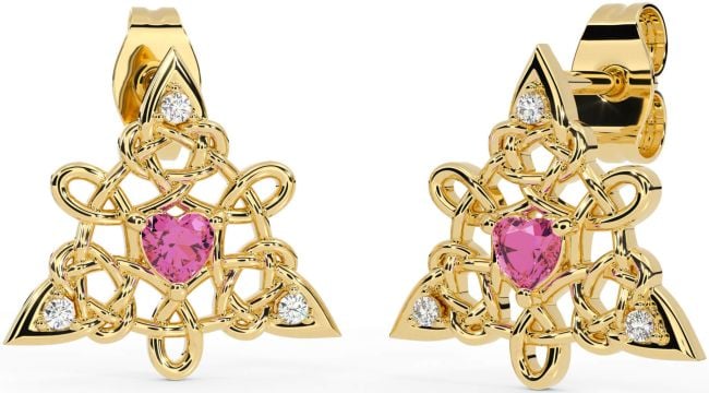 Diamond Pink Tourmaline Gold Celtic Trinity Knot Stud Earrings