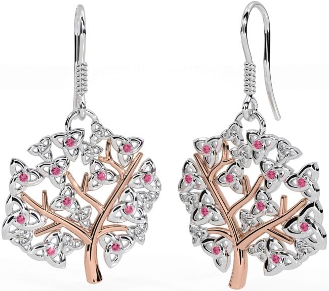 Pink Tourmaline Rose Gold Silver Celtic Tree of Life Trinity Knot Dangle Earrings