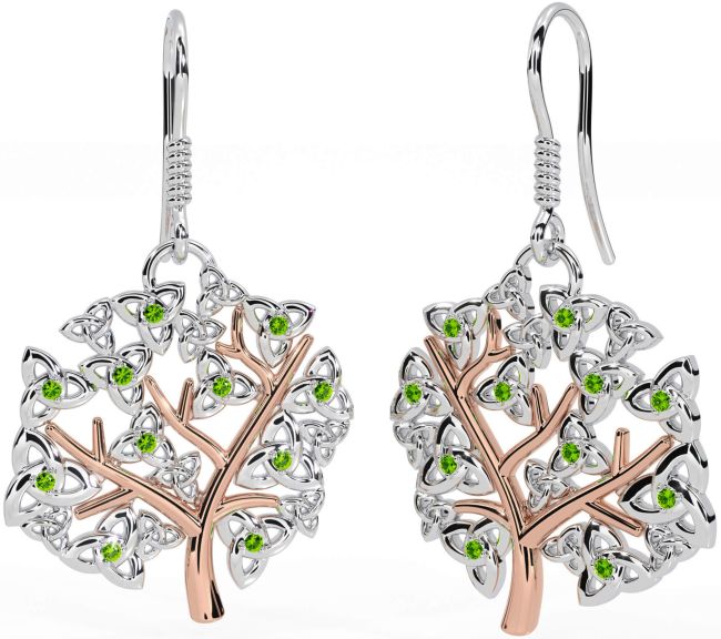 Peridot Rose Gold Silver Celtic Tree of Life Trinity Knot Dangle Earrings