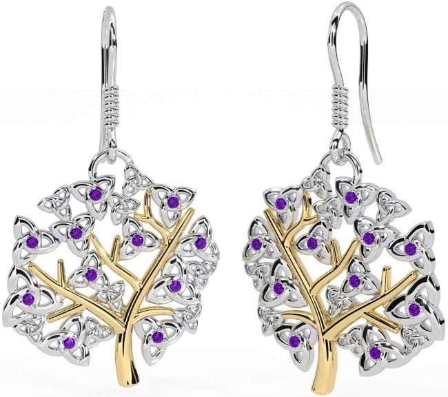 Amethyst Gold Silver Celtic Tree of Life Trinity Knot Dangle Earrings