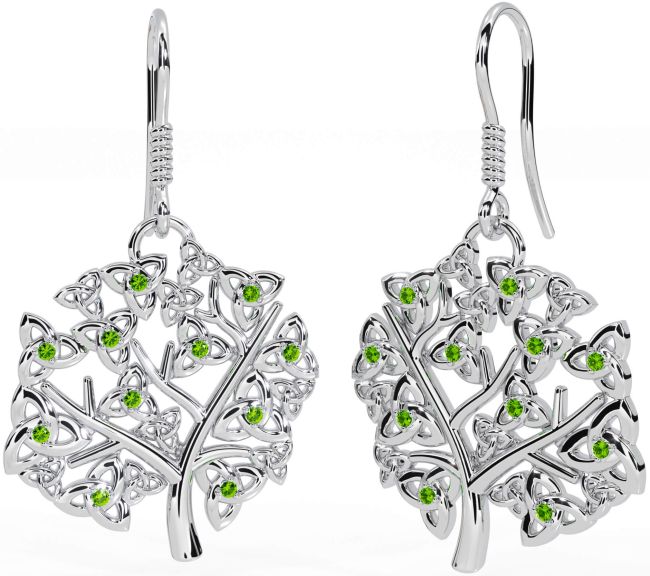 Peridot Silver Celtic Tree of Life Trinity Knot Dangle Earrings