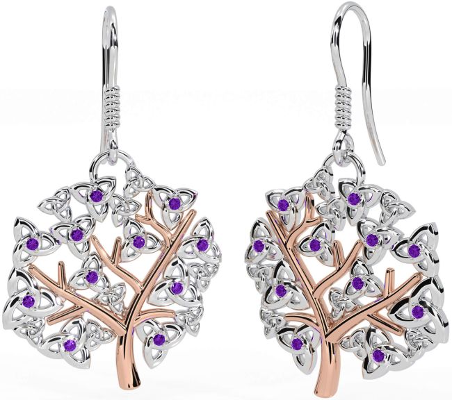 Amethyst Rose Gold Silver Celtic Tree of Life Trinity Knot Dangle Earrings