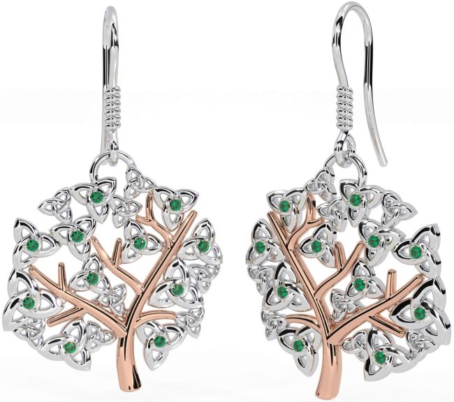 Emerald Rose Gold Silver Celtic Tree of Life Trinity Knot Dangle Earrings